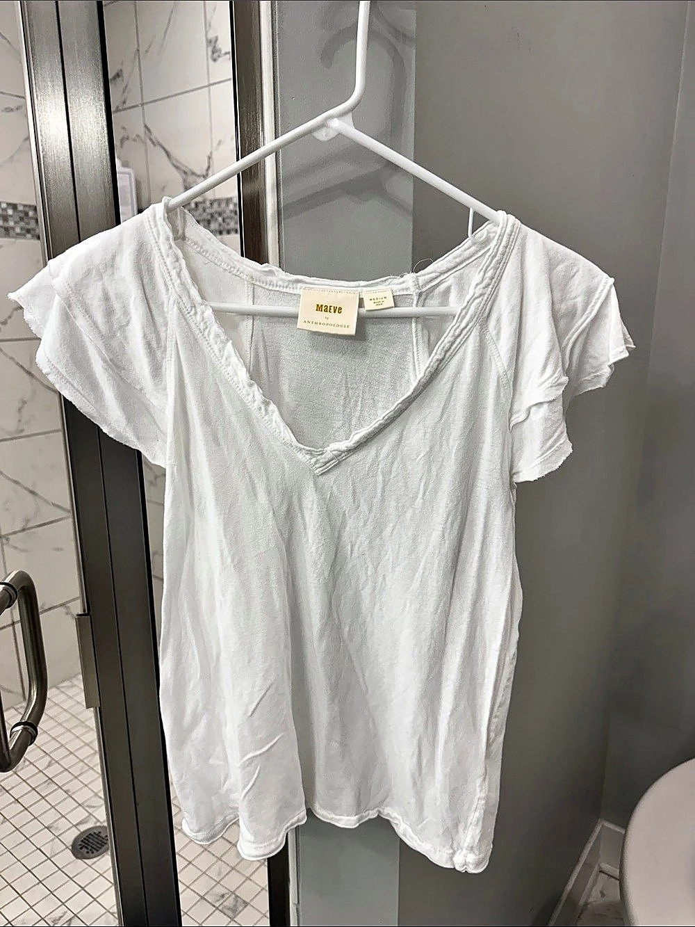 Maeve by Anthropologie White V-Neck Ruffle Sleeve